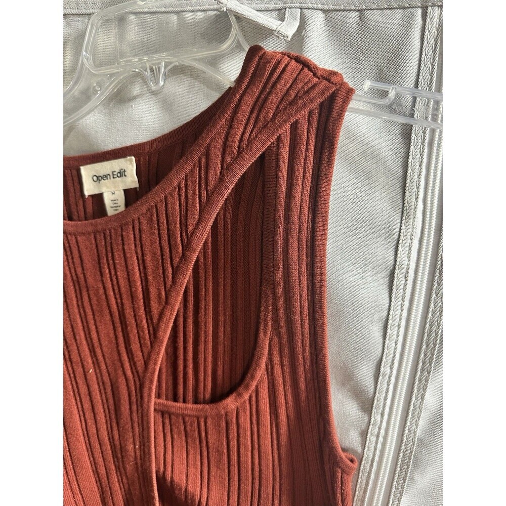 Open Edit Cut Out One Shoulder Orange Cropped LS Top Size M Split Hem Sweater - Picture 6 of 8
